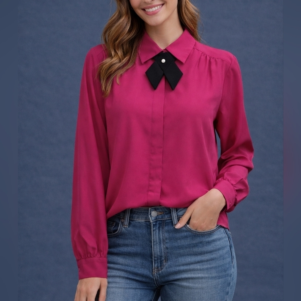 VTG JOANNA Hot Pink Button Down Continental Bow Tie Shirt